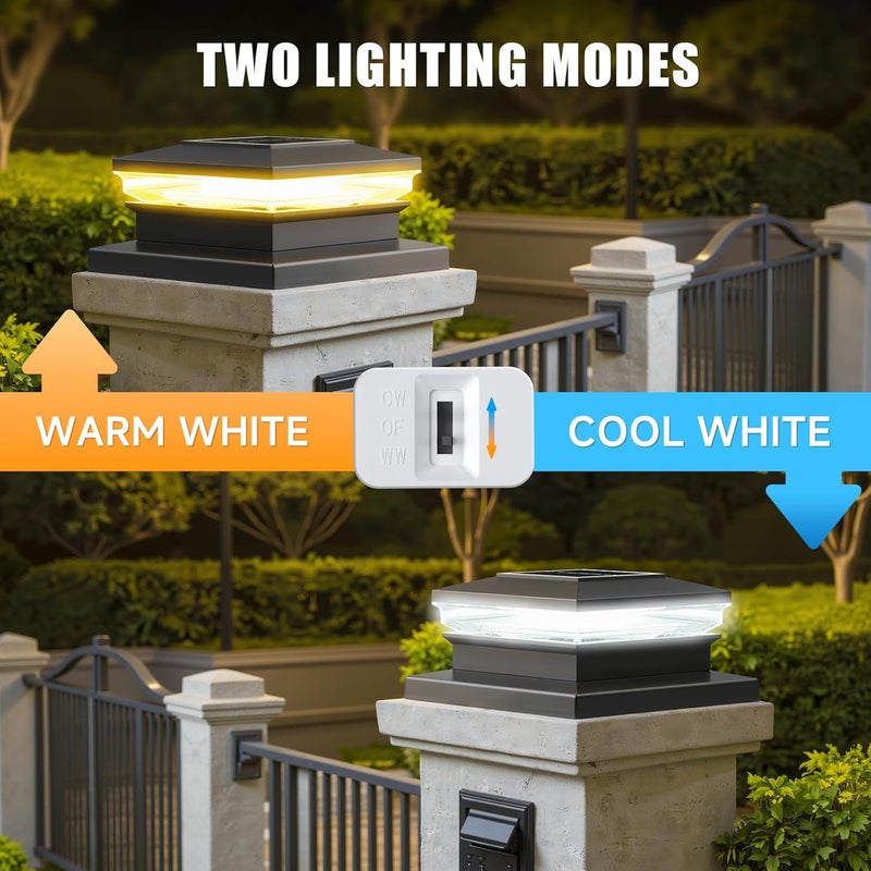 FEACORT Solar Post Cap Lights 12 Pack, Fence Post Solar Lights, Warm White/Cool White Lighting, Black Waterproof Outdoor Post Lights for Garden Patio Porch, 4x4, 5x5 or 6x6 Vinyl/Wooden Posts - Image 5